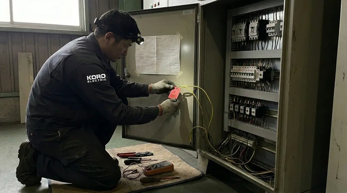 Industrial electrical room with labeled equipment and organized wiring after troubleshooting
