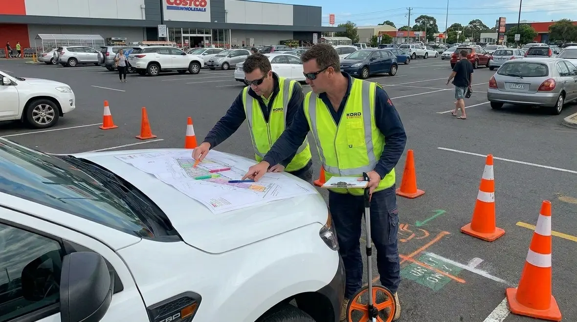 Technicians reviewing site planning details for EV charging infrastructure