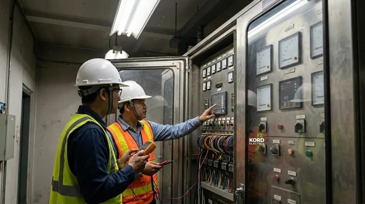 Technicians configuring N+1 switchgear and redundant feeders
