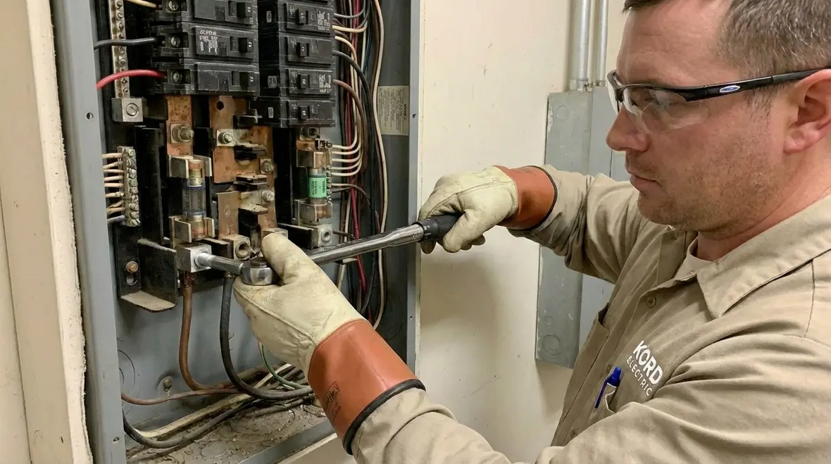 Electrician performing preventive maintenance on commercial electrical equipment
