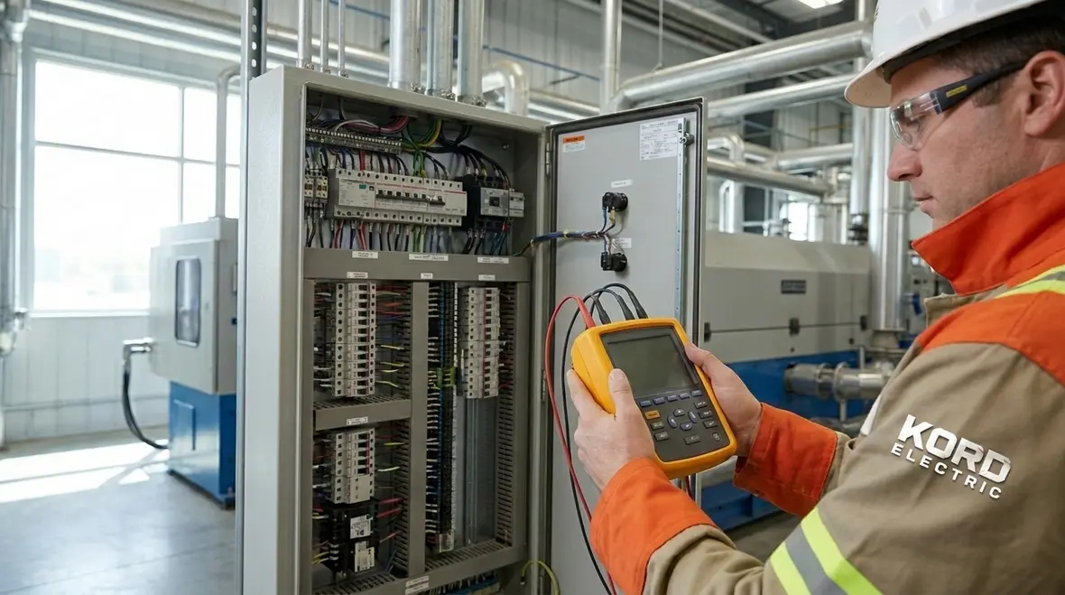 Technician performing electrical fault diagnostics for manufacturing uptime
