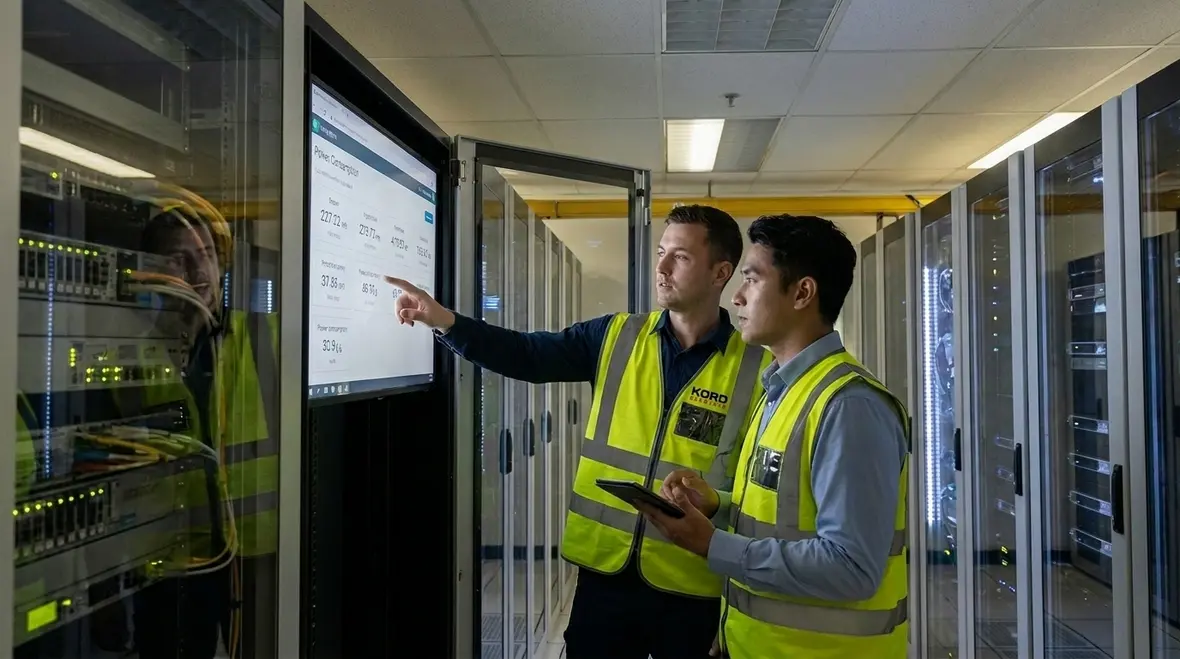 Technicians reviewing electrical infrastructure design for data centers in a modern control room