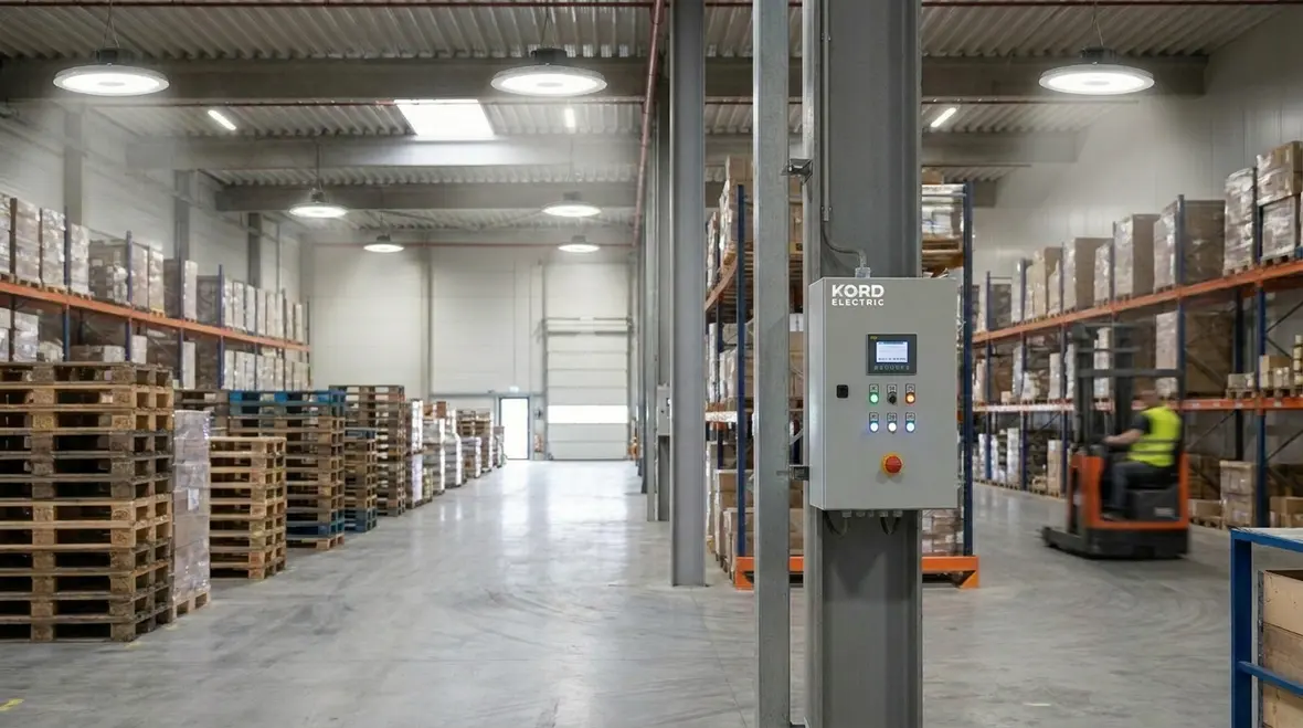 Warehouse lighting retrofit LED fixtures in tall facility