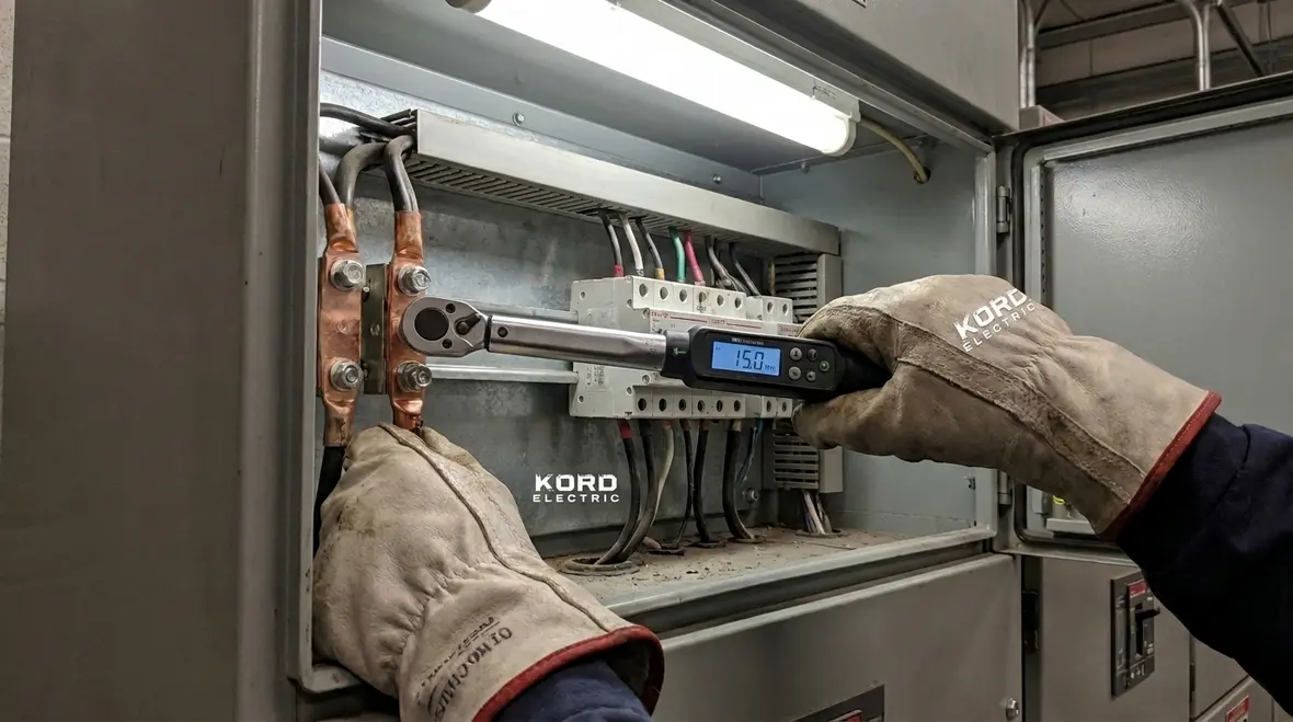 Technician performing proactive electrical maintenance on a commercial panel