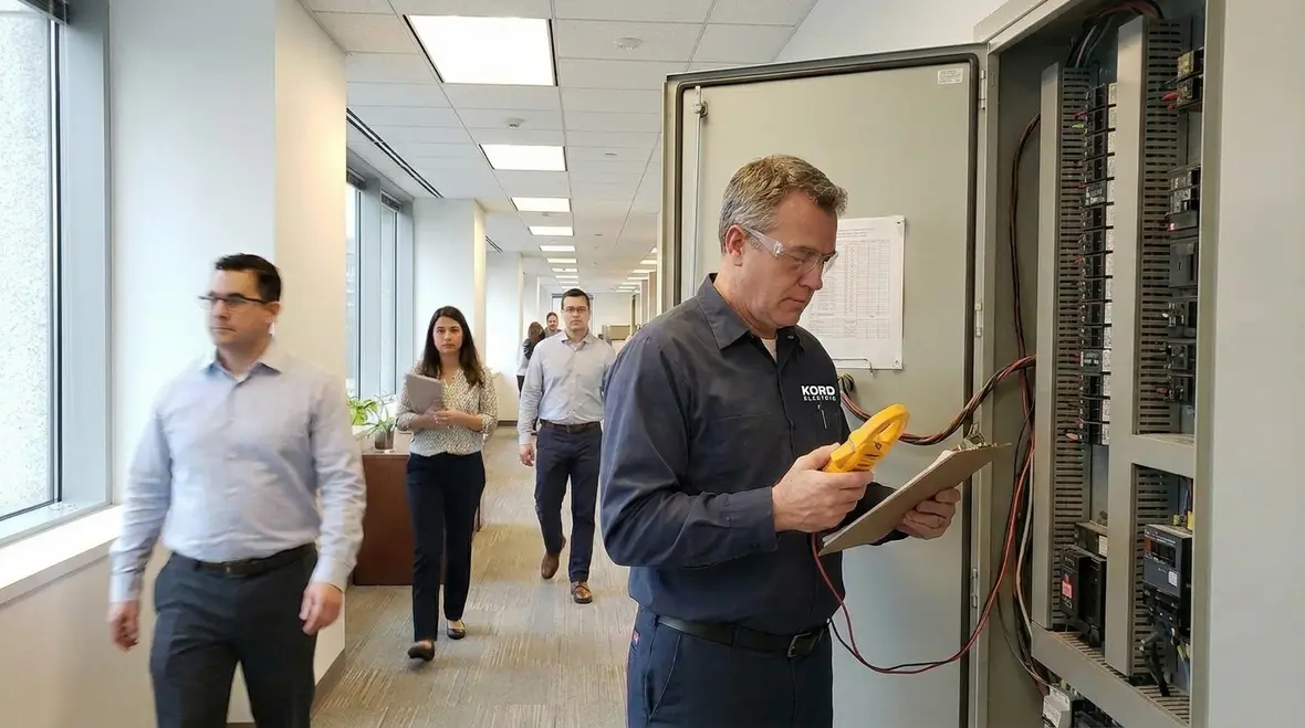 Power quality testing equipment monitoring harmonics and quiet heat in an office building