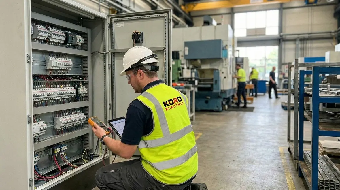 Technician performing an electrical safety audit in an industrial facility