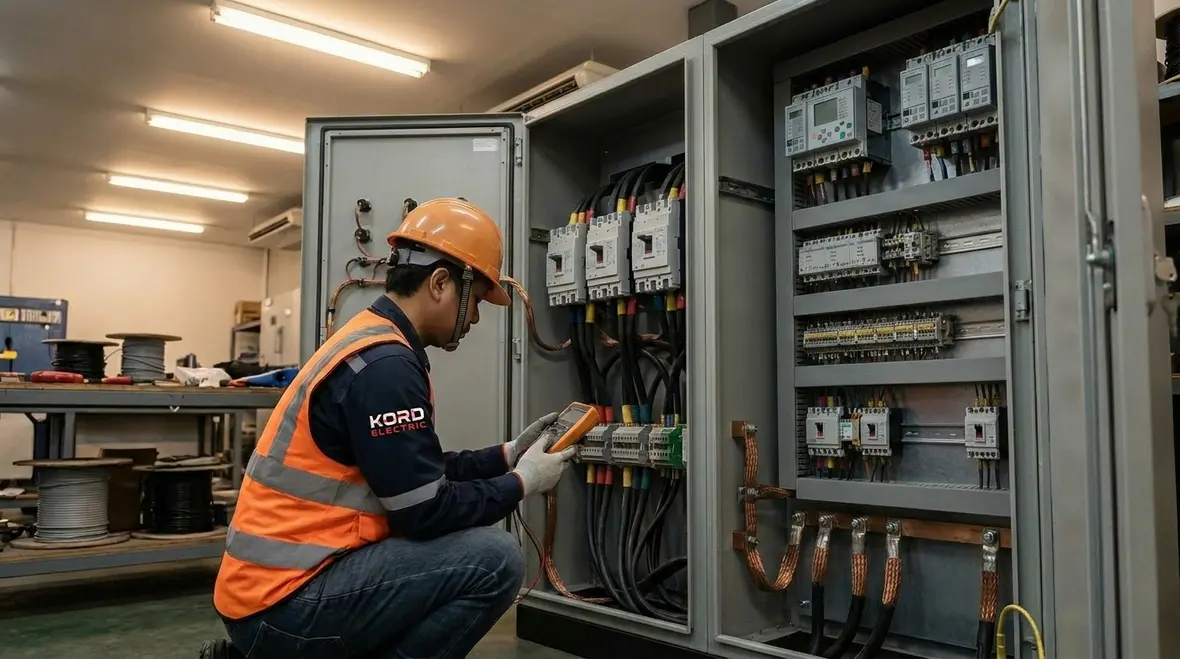 Industrial electrical panels being inspected during a safety audit
