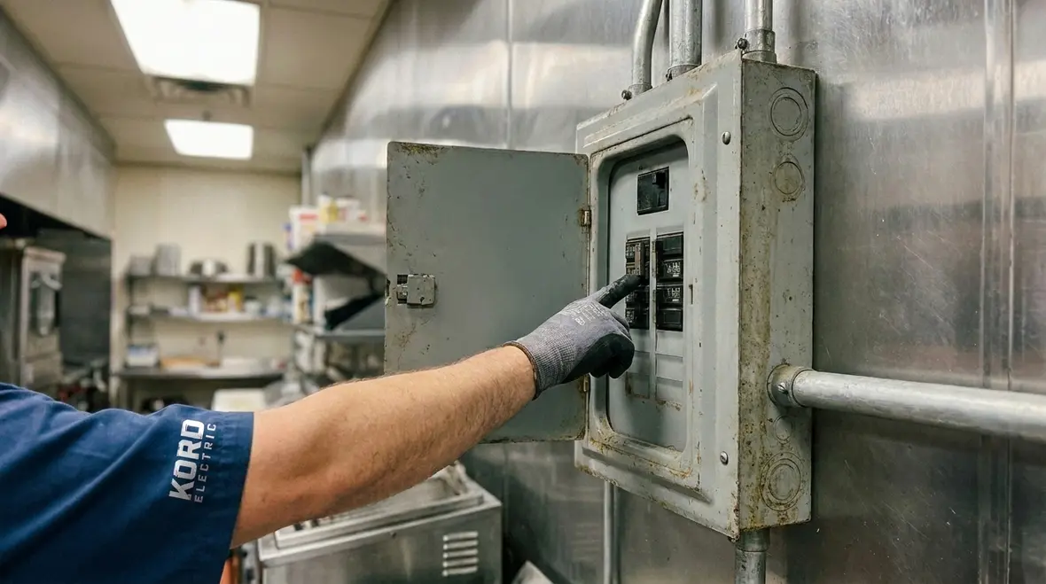 Electrical technician reviewing commercial kitchen panel to prevent overloaded circuits