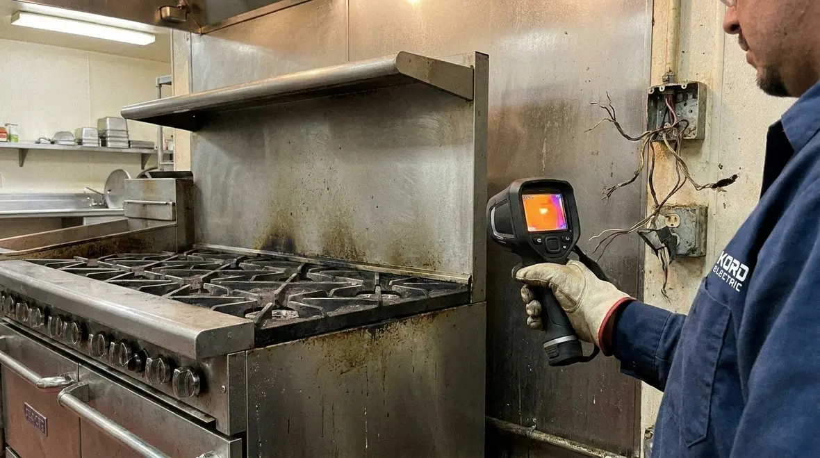 Commercial kitchen outlets and wiring inspected for loose connections