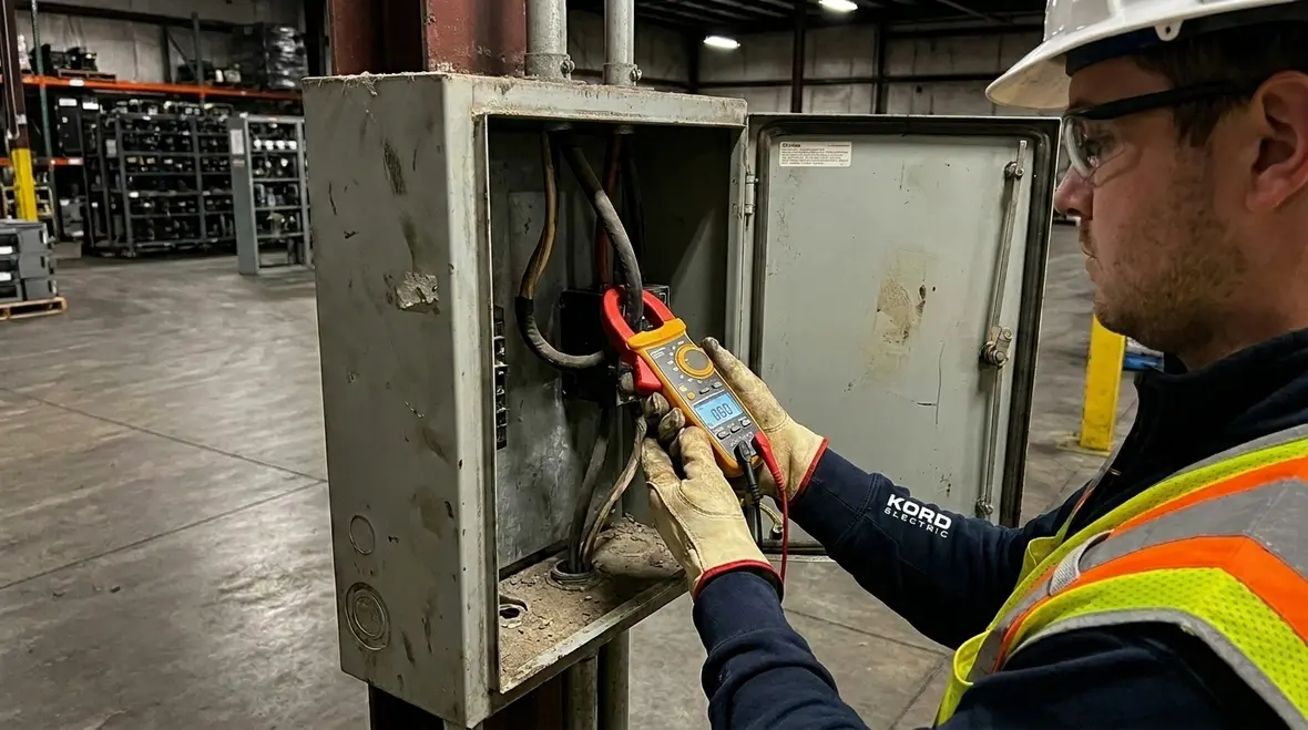 Warehouse electrical panels being reviewed during a load study
