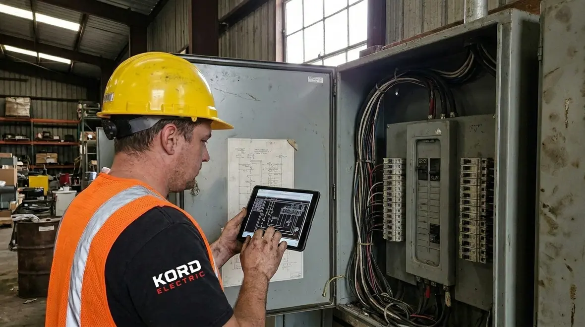 Technician performing electrical system load analysis for a warehouse