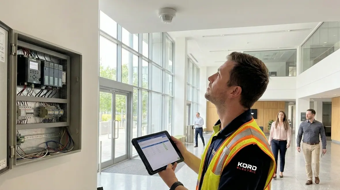 Technician reviewing california commercial lighting control systems in a modern facility