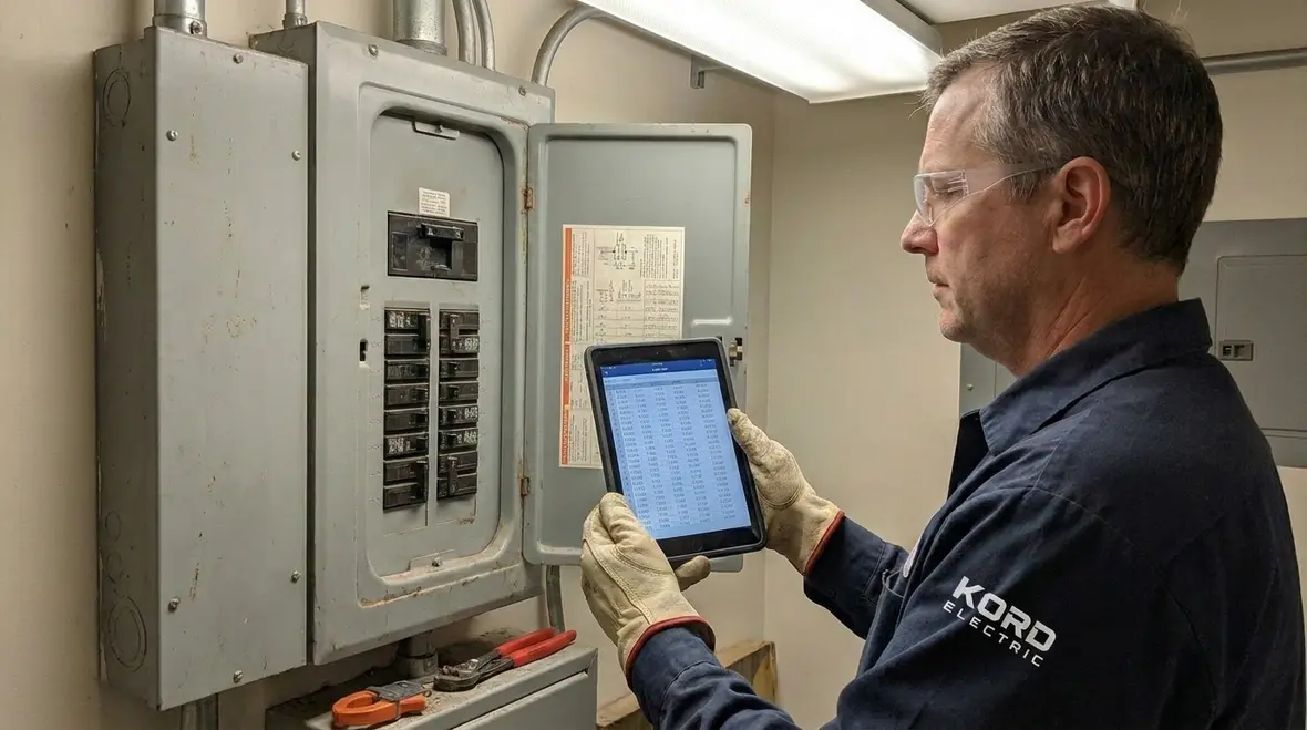 Electrician performing electrical troubleshooting for commercial buildings in a large facility panel