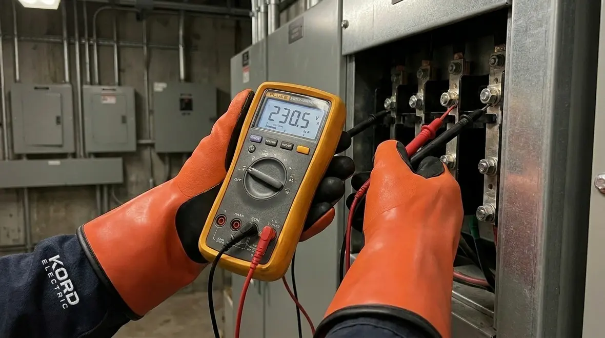 Technician following emergency power restoration steps in a commercial electrical room