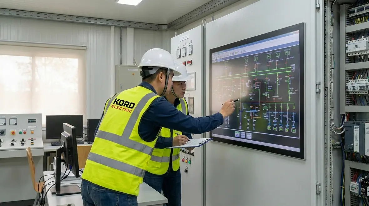 Technicians reviewing an emergency electrical load shedding strategy for an industrial facility
