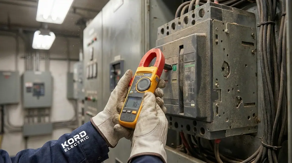 Industrial electrical maintenance being performed in a manufacturing facility