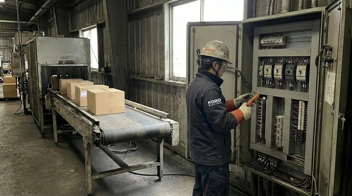 Industrial electricians reviewing an emergency repair plan with a plant team