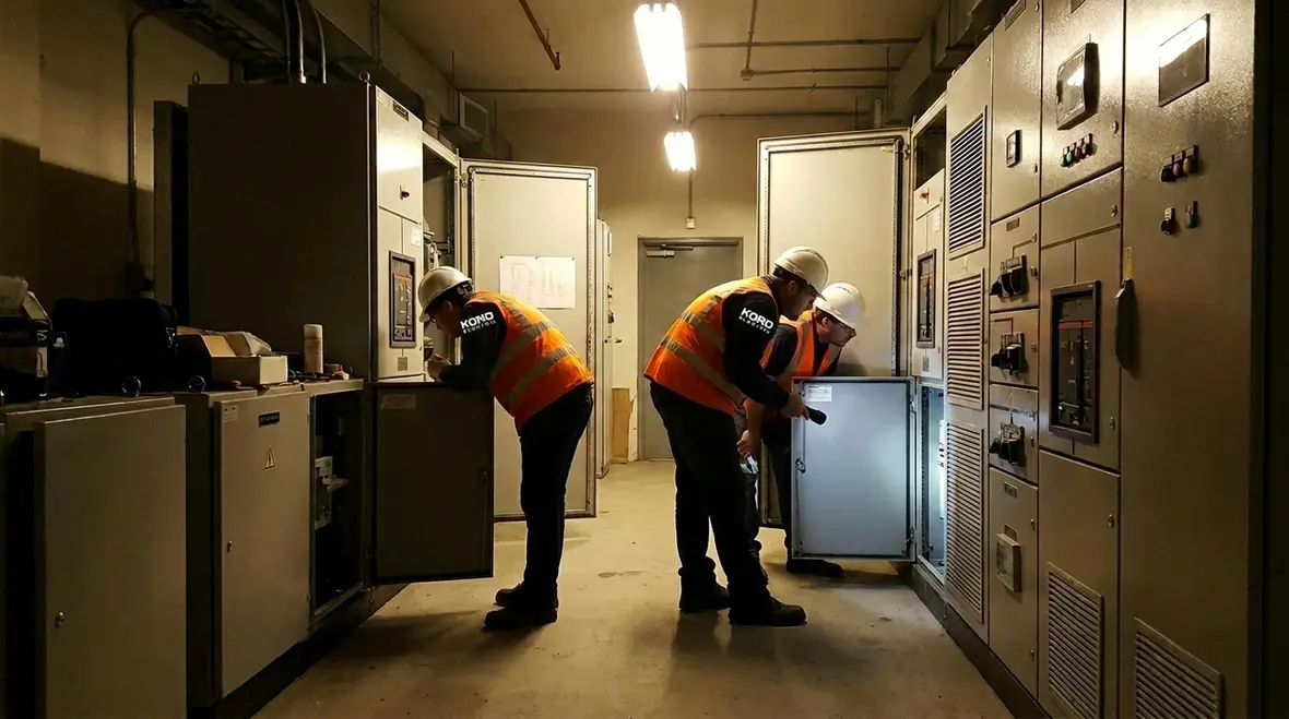 Emergency electrical repair team restoring power in a manufacturing plant