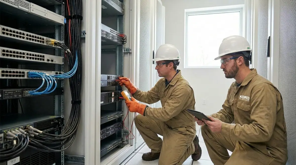 Technician reviewing voltage fluctuation data in a commercial facility