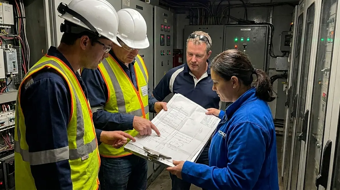 Emergency electrical technicians coordinating with facility managers