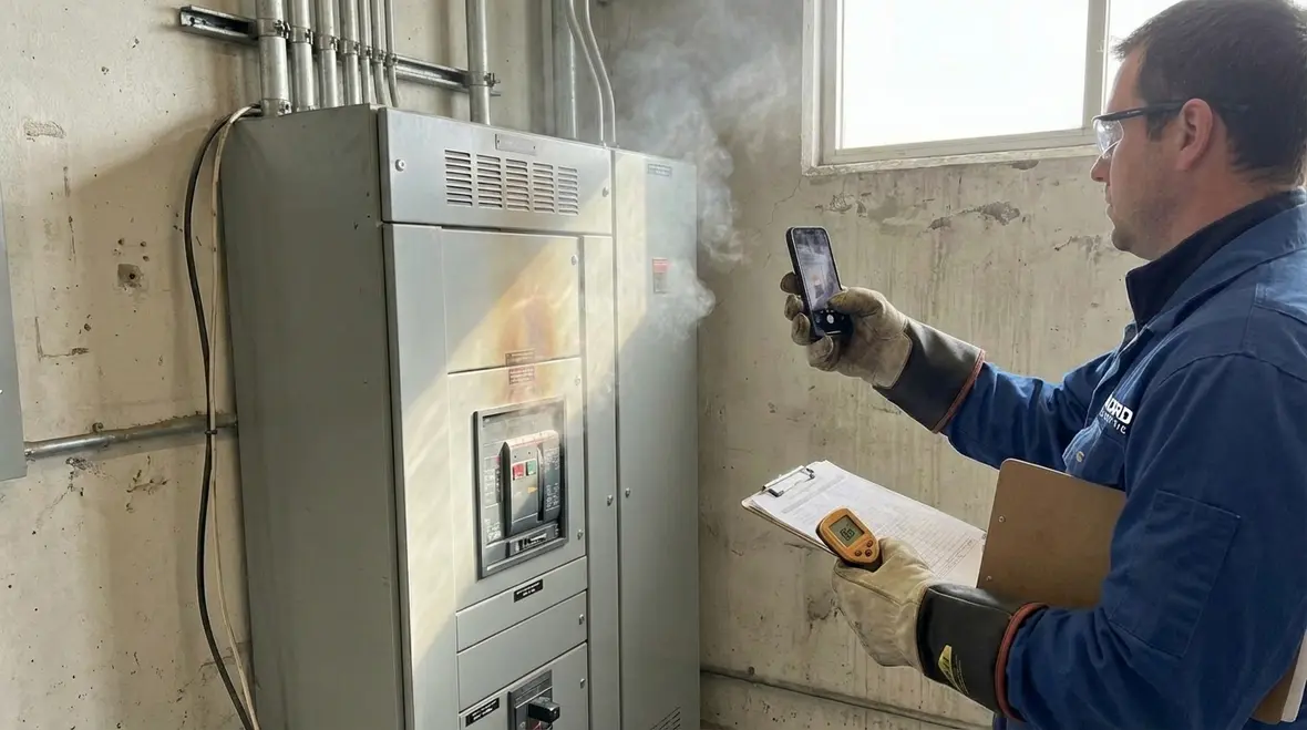 Commercial emergency electrician using thermal imaging to detect overheating electrical components