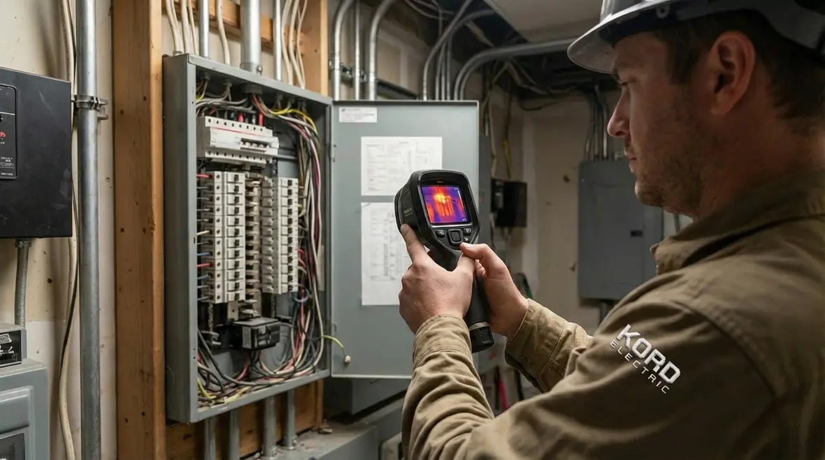 Emergency electrician inspecting a commercial electrical panel after repeated power interruptions