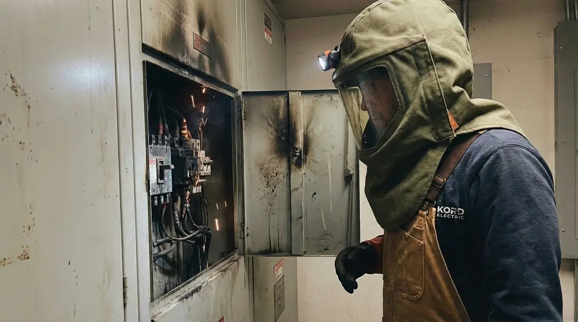 Damaged commercial breaker with scorch marks requiring emergency electrical service