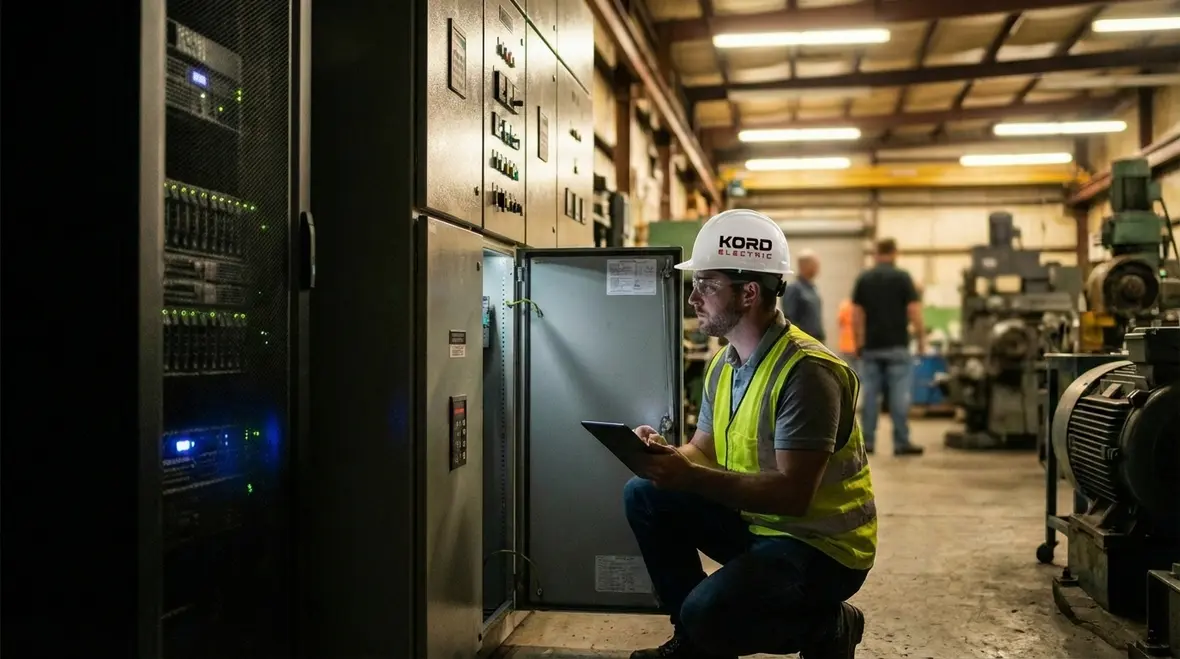 Emergency electrician troubleshooting critical industrial equipment failure in a commercial facility