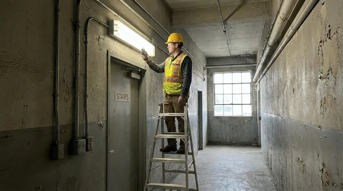 Technician inspecting emergency lighting fixtures before testing