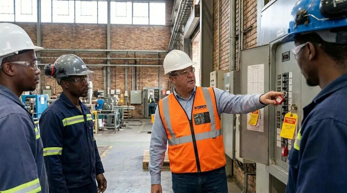 Facility technicians reviewing electrical safety protocols during a pre job briefing