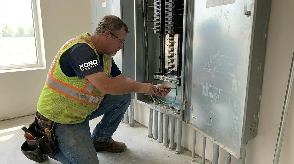 Commercial electrician verifying grounding conductors in a service panel