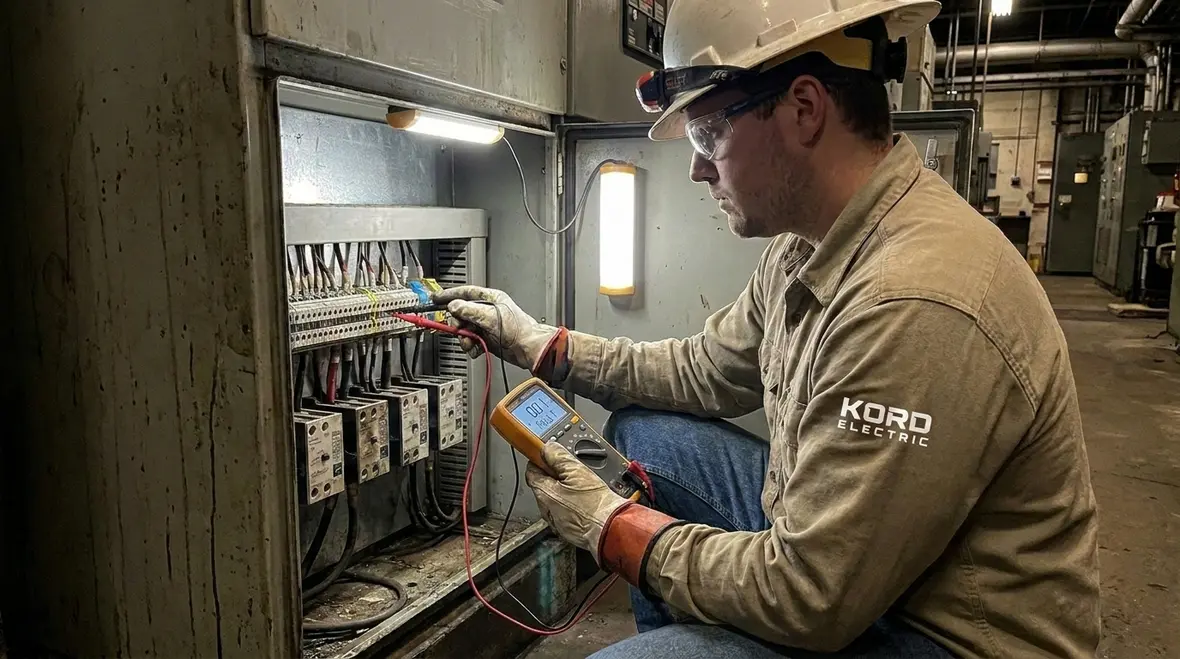 Technician inspecting industrial electrical grounding in a commercial facility