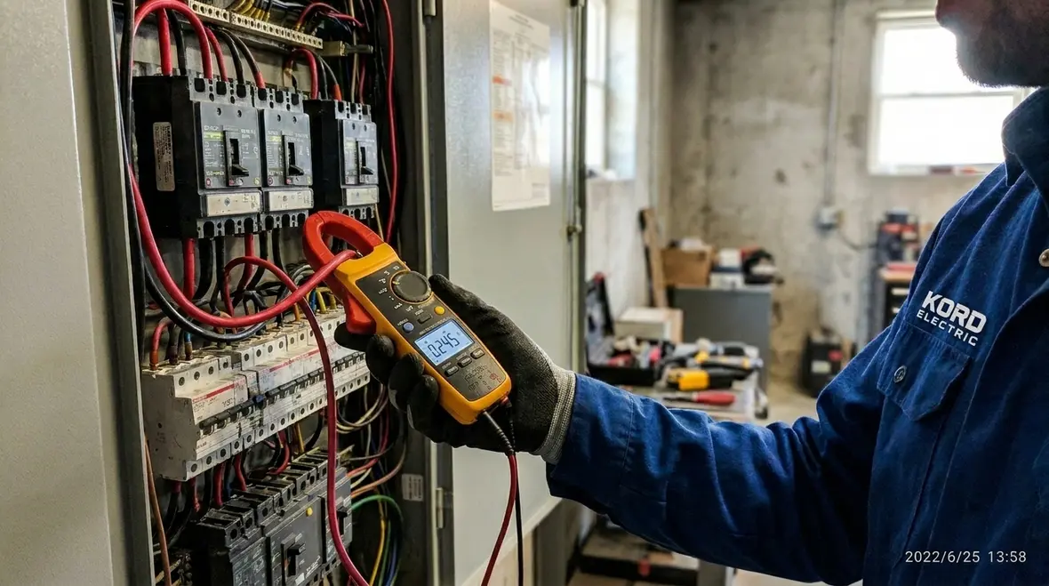 Industrial electrical panel with labeled breakers during capacity review