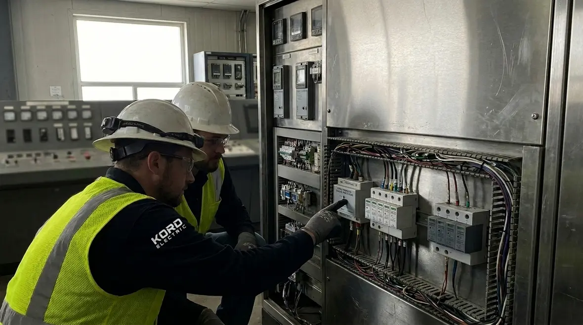 Technician installing industrial electrical surge protection on a main panel
