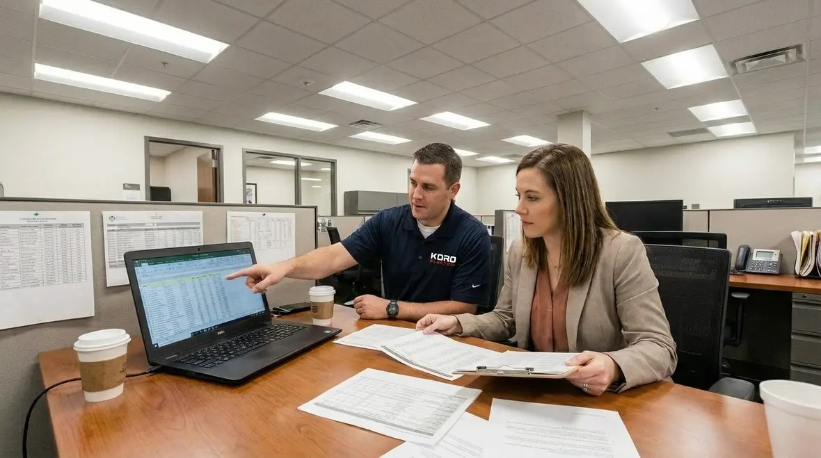 Kord Electric team reviewing commercial LED lighting plans