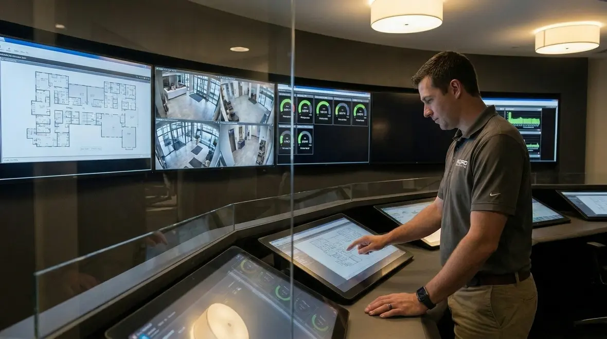 Office and industrial staff working under smart controlled lighting