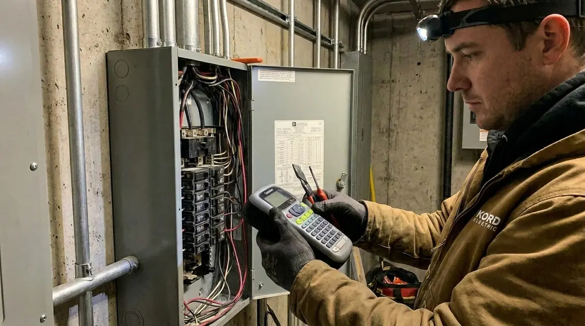 Technician checking a commercial electrical panel for load balancing issues