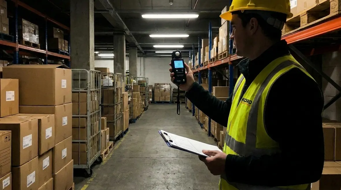Warehouse lighting energy efficiency audit with fixtures and controls