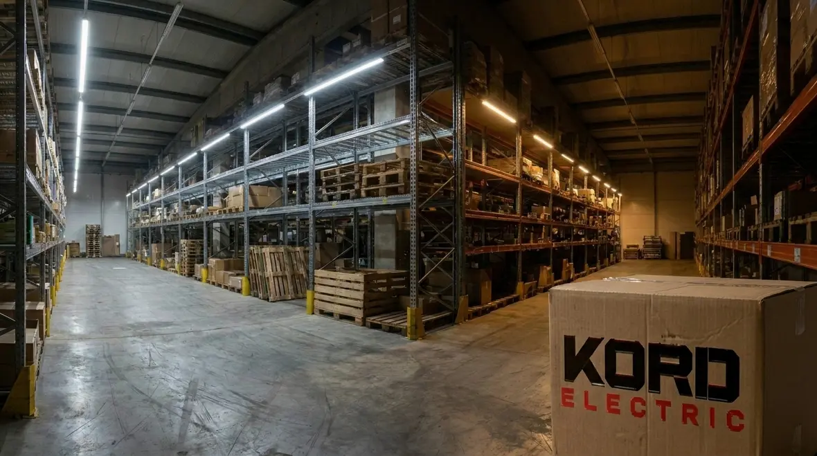 Technicians reviewing an industrial energy efficiency assessment for warehouse lighting