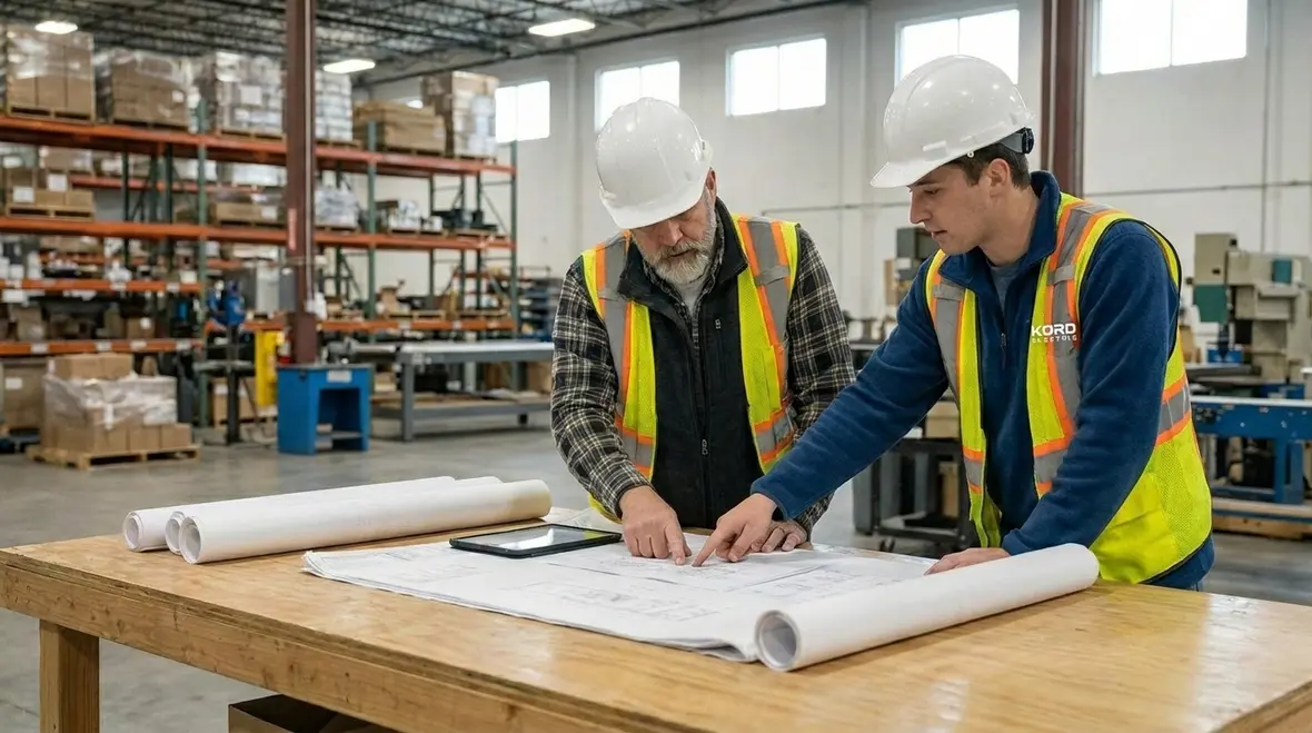 Technicians reviewing an industrial facility lighting upgrade plan