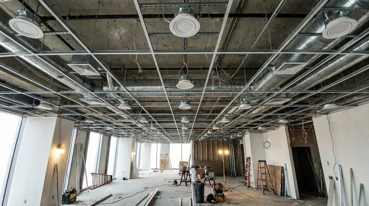 Recessed LED lighting along a tall residential tower corridor