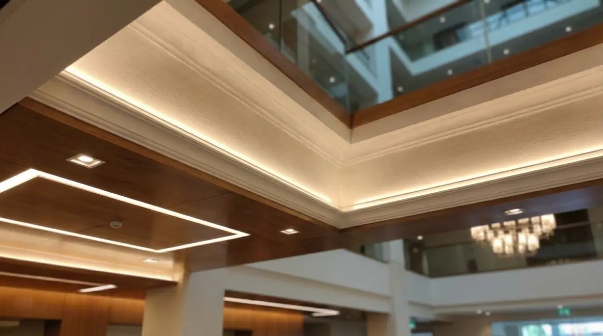 Modern recessed LED lighting in a hotel lobby ceiling