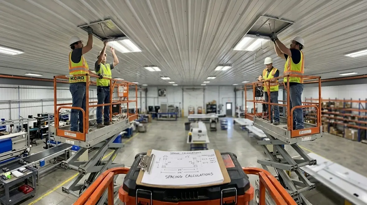 Technicians evaluating commercial recessed ceiling lighting for liability reduction
