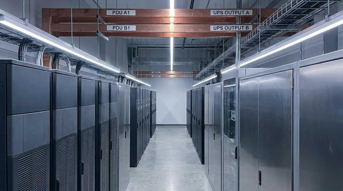 Technicians reviewing data center power distribution redundancy design