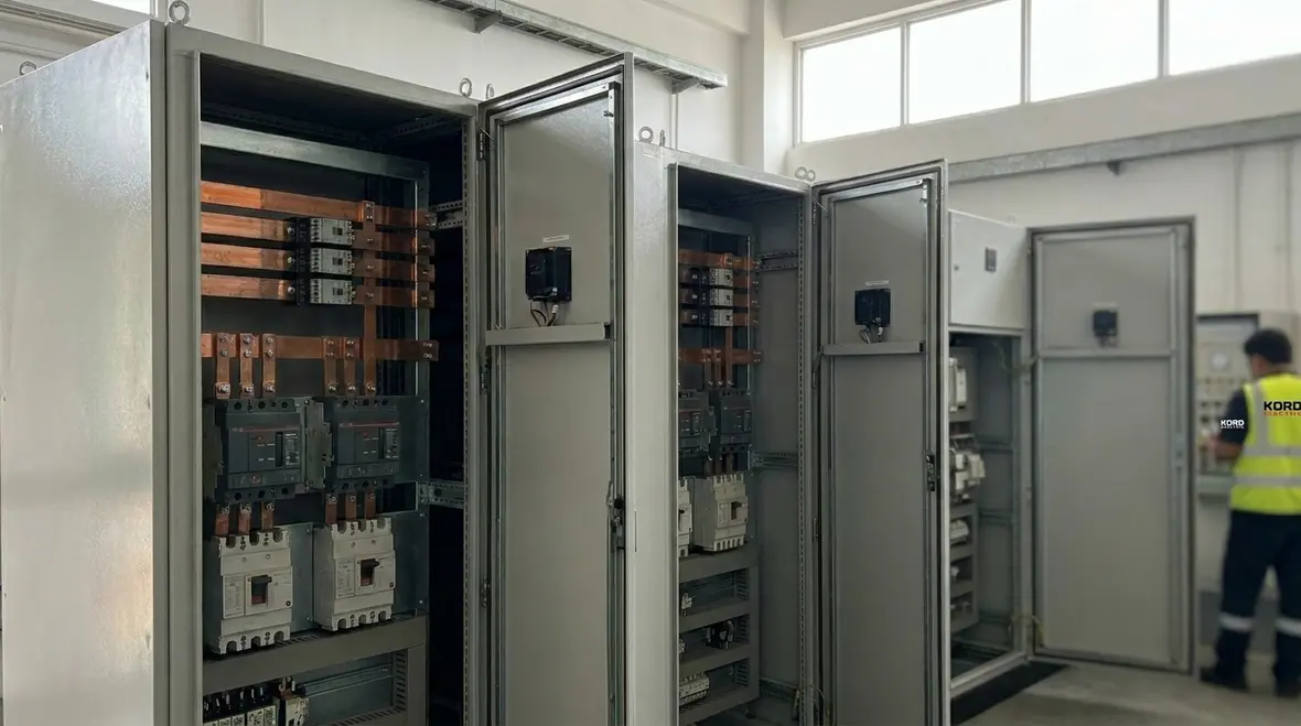 Modern industrial switchgear installation in a commercial electrical room