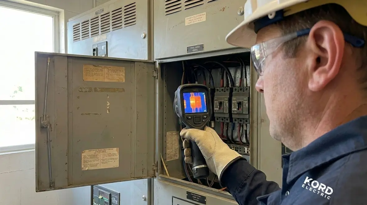 Technician using thermal imaging as part of preventative electrical maintenance