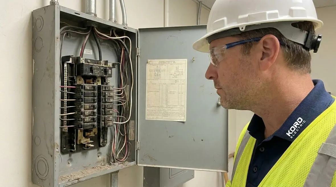 Technician inspecting aging commercial electrical switchgear