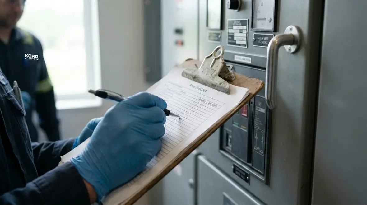 Facility manager logging electrical inspection findings
