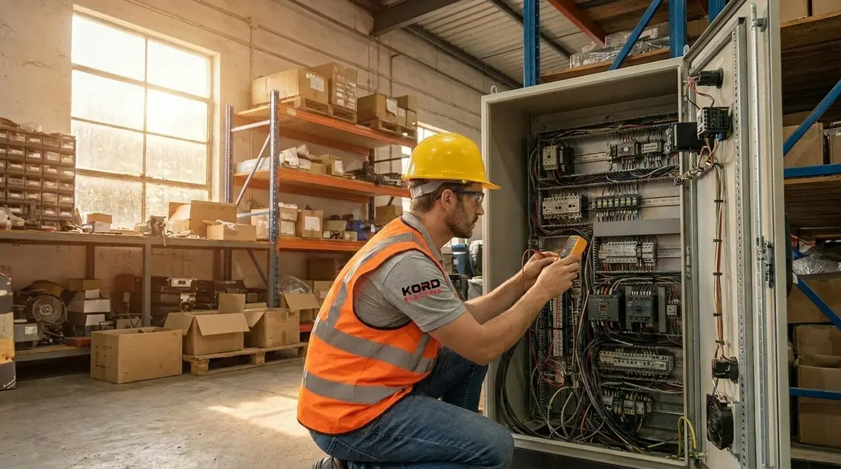 Technician performing preventive electrical maintenance in a large warehouse