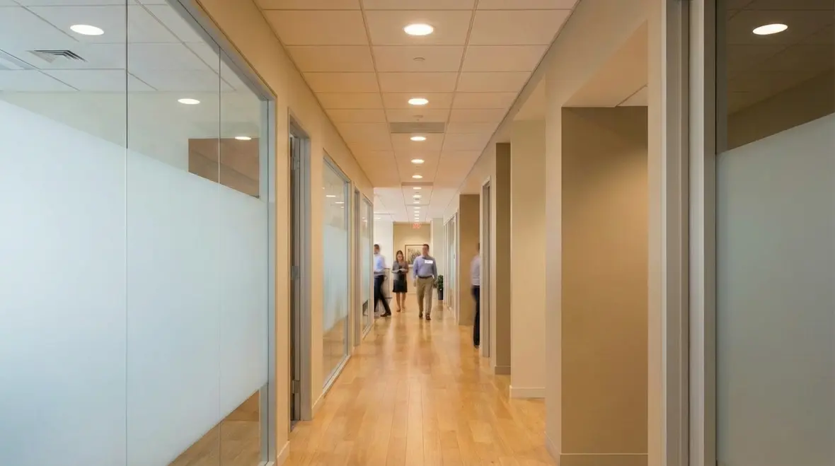 Retail and office spaces illuminated by recessed lighting